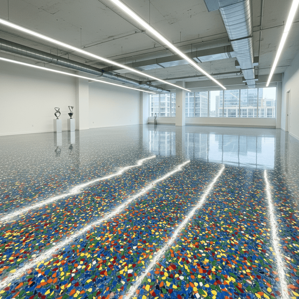 Flake epoxy coating with colored chips