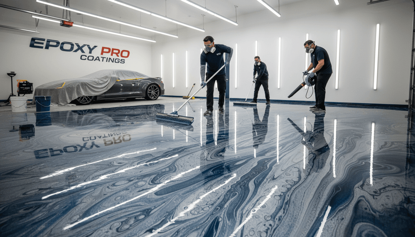 Professional epoxy floor installation showing premium metallic finish with custom design