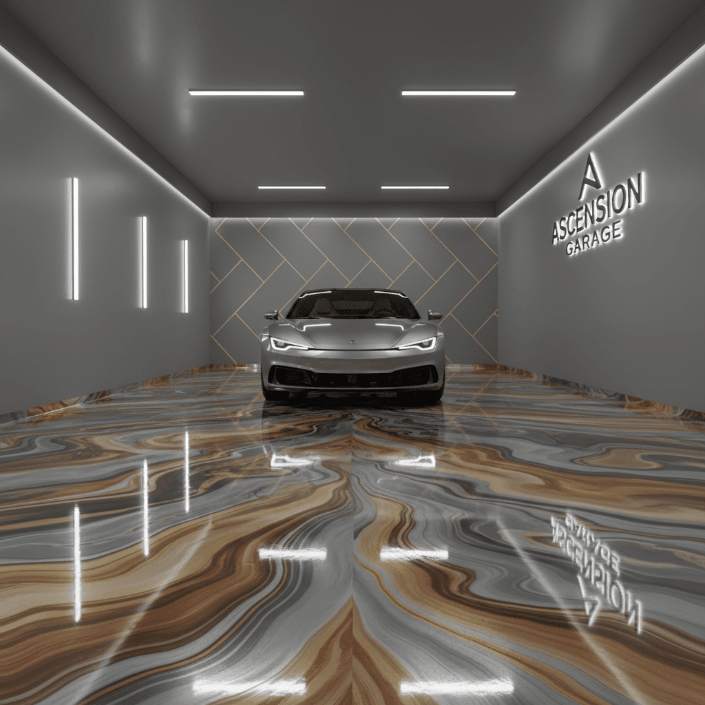 Metallic epoxy floor with flowing liquid metal patterns