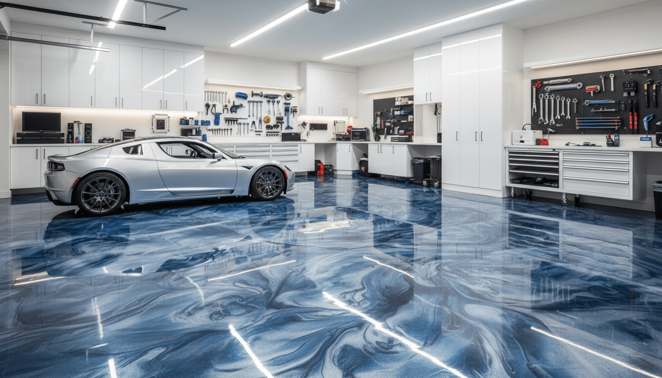 Luxurious blue and silver metallic epoxy floor in a modern, spacious garage.